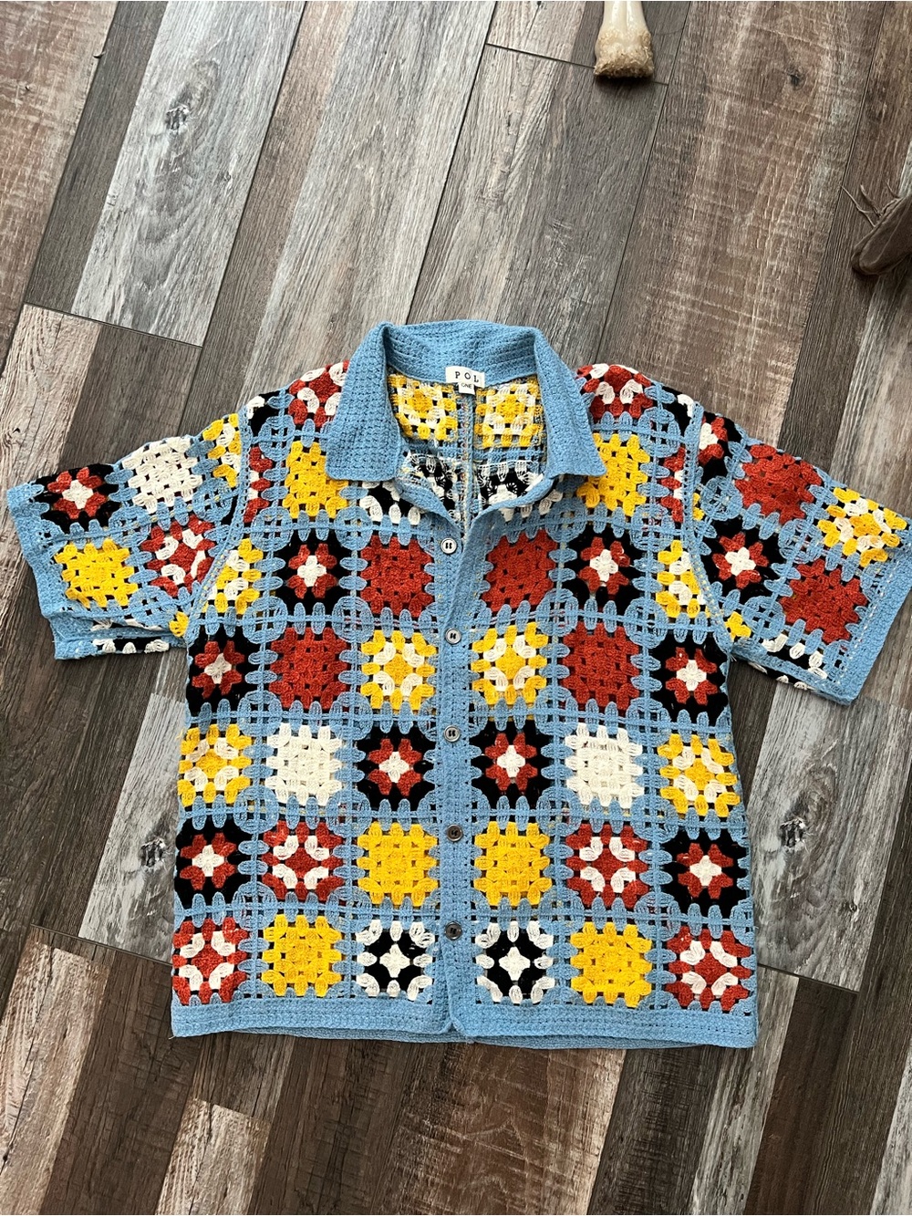 POL Multicolor Crochet Button-Down Shirt with Light Blue Trim